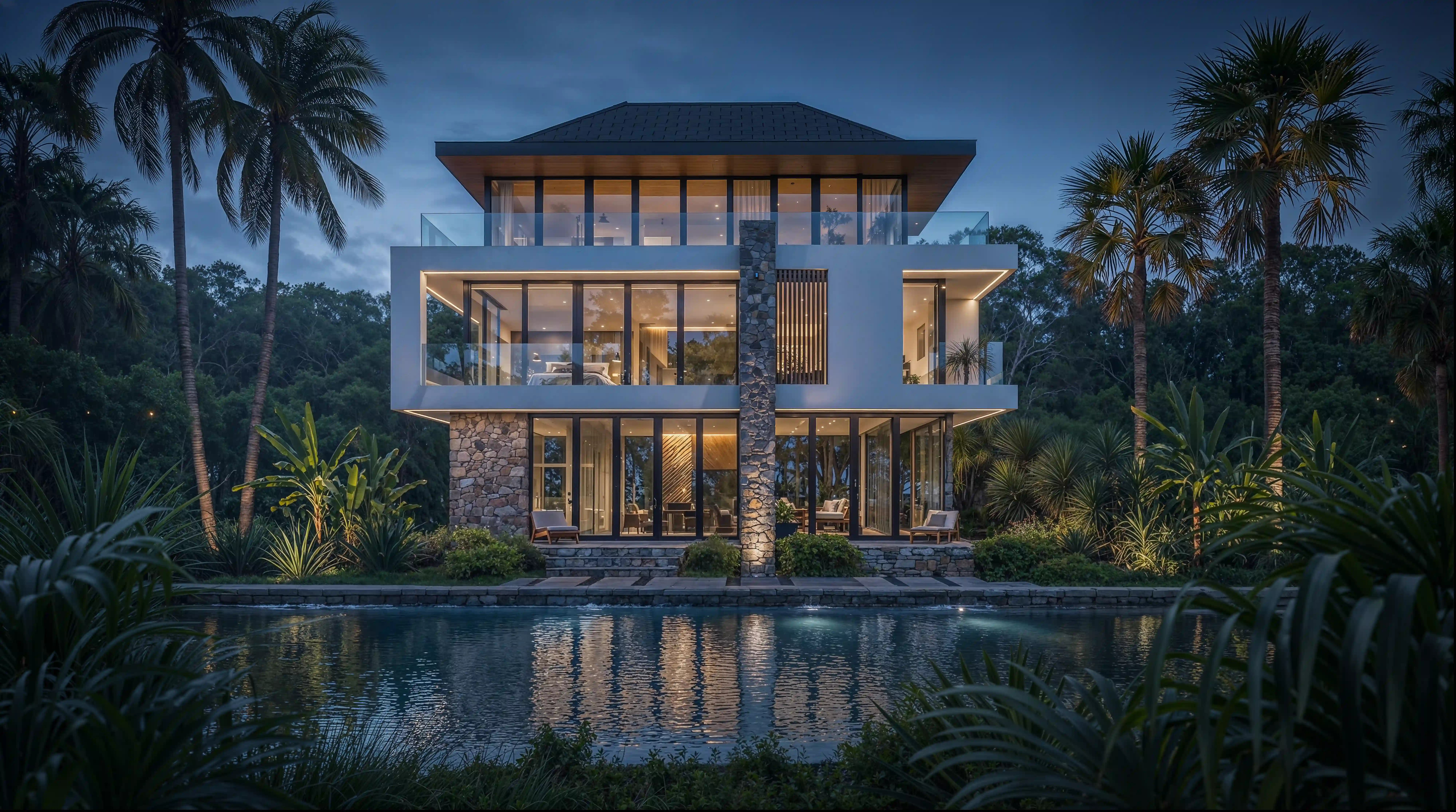 Water Villa — night exterior glow