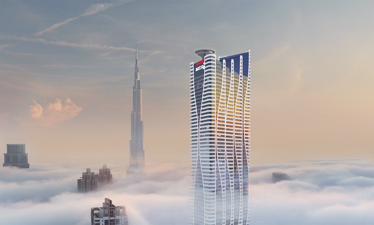 3D rendering of modern skyscraper above the clouds with Burj Khalifa in Dubai