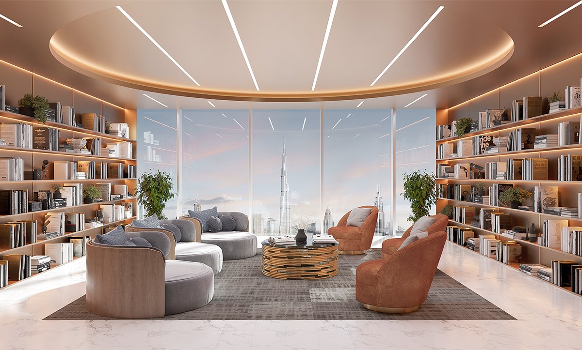 Modern lounge with panoramic city view by Interior 3D Design Company
