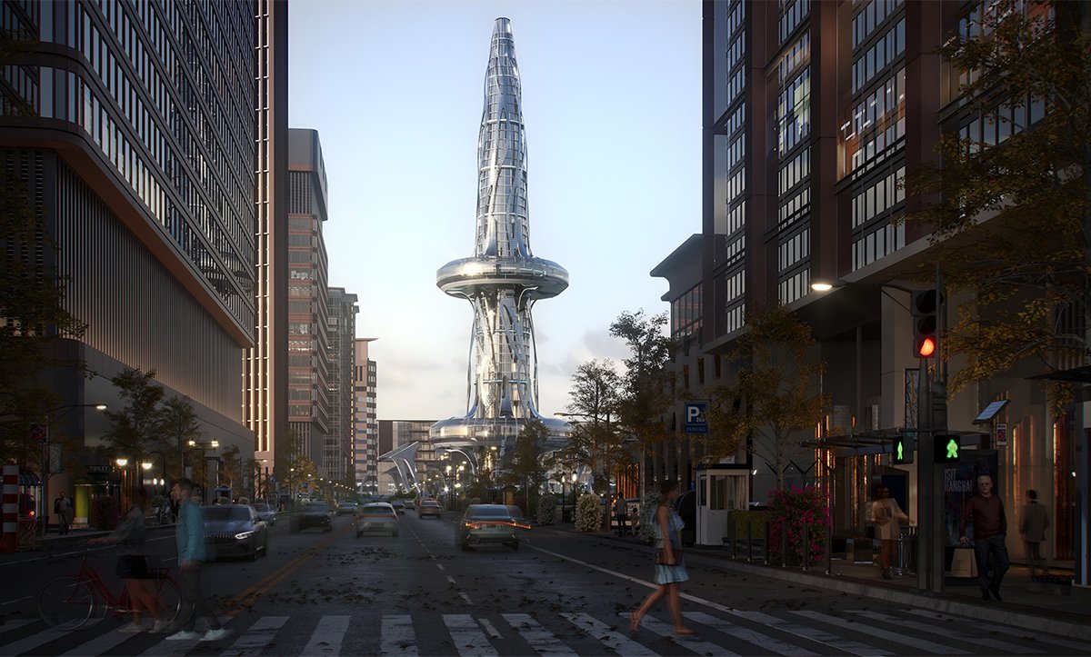 Futuristic 3D rendering of a street view with modern tower architecture in Dubai
