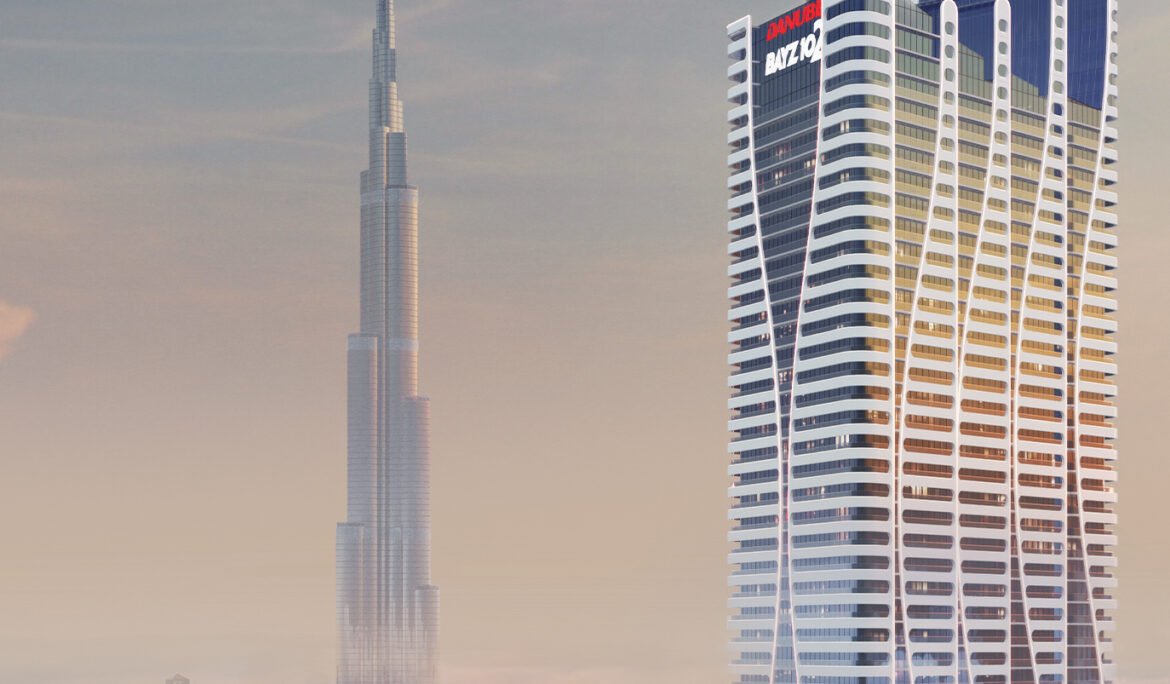 3D rendering of modern skyscraper above the clouds with Burj Khalifa in Dubai