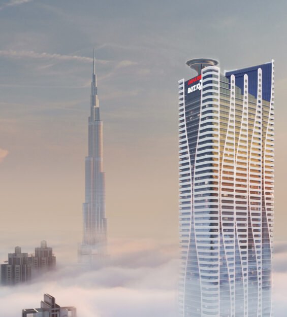 3D rendering of modern skyscraper above the clouds with Burj Khalifa in Dubai