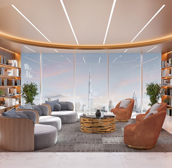 Elegant lounge interior 3D rendering with Burj Khalifa skyline view in Dubai
