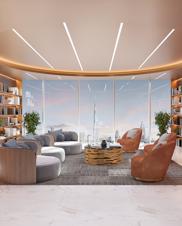 Elegant lounge interior 3D rendering with Burj Khalifa skyline view in Dubai