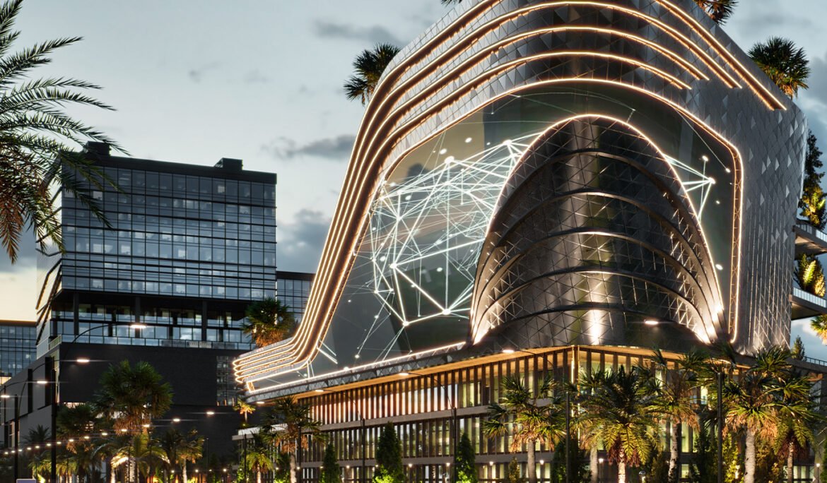 Futuristic architectural 3D rendering of illuminated building in Dubai