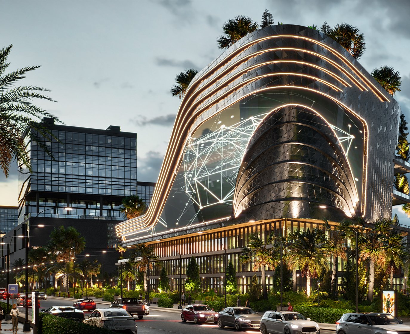 Futuristic architectural 3D rendering of illuminated building in Dubai