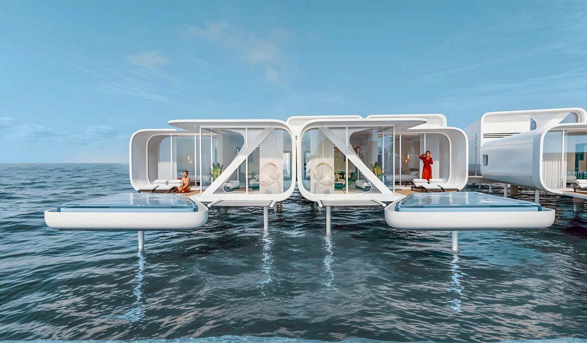Futuristic overwater villas with private pools – 3D rendering in Dubai