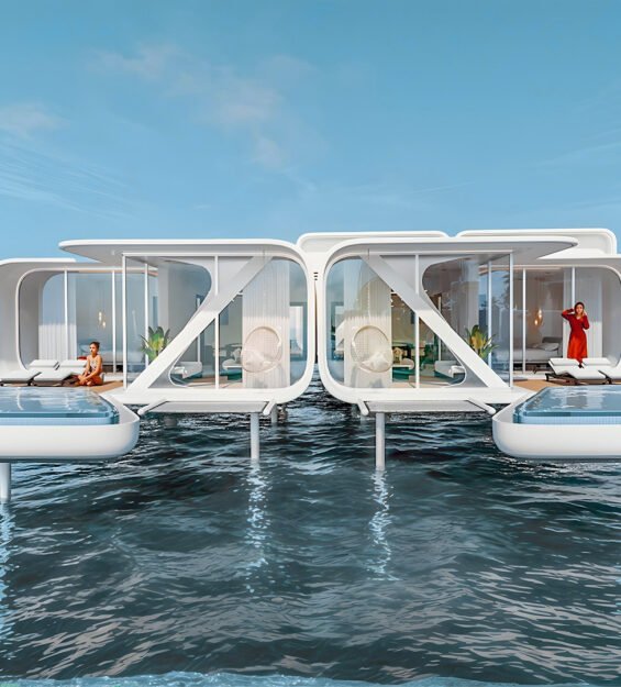 Futuristic overwater villas with private pools – 3D rendering in Dubai