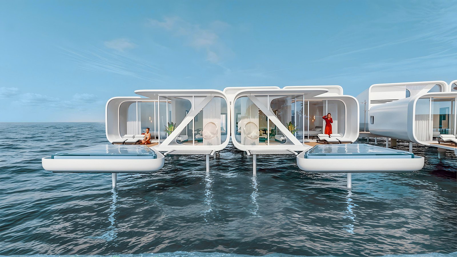 Futuristic overwater villas with private pools – 3D rendering in Dubai