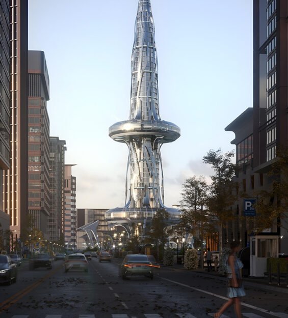 Futuristic 3D rendering of a street view with modern tower architecture in Dubai