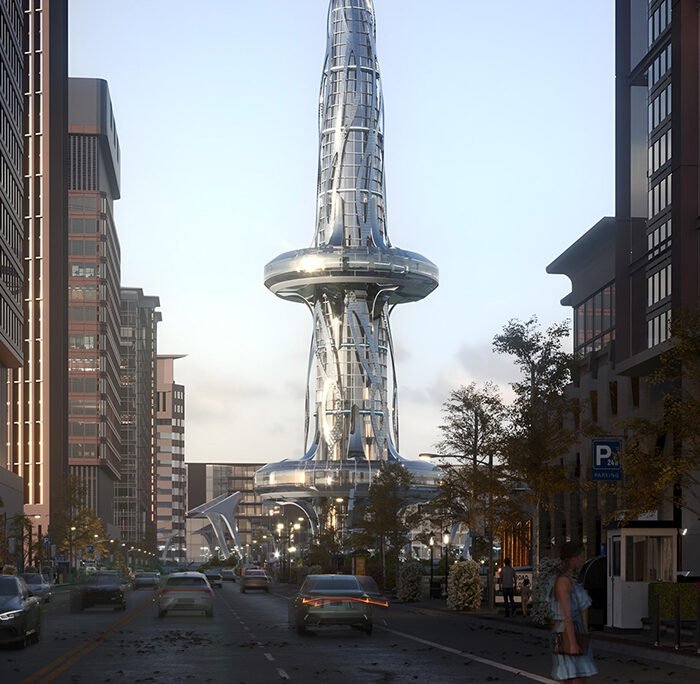 Futuristic 3D rendering of a street view with modern tower architecture in Dubai