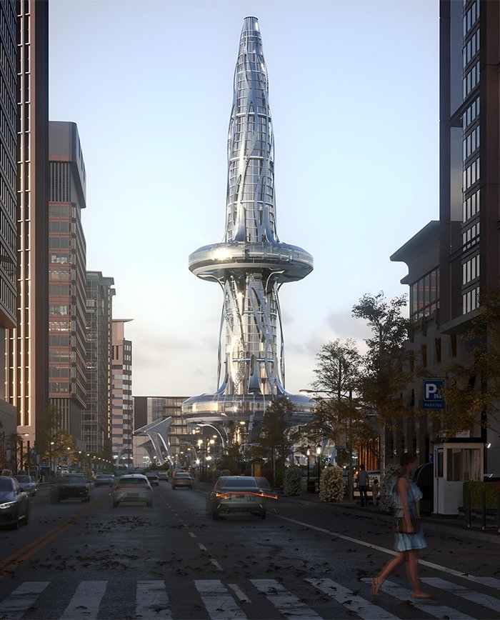 Futuristic 3D rendering of a street view with modern tower architecture in Dubai