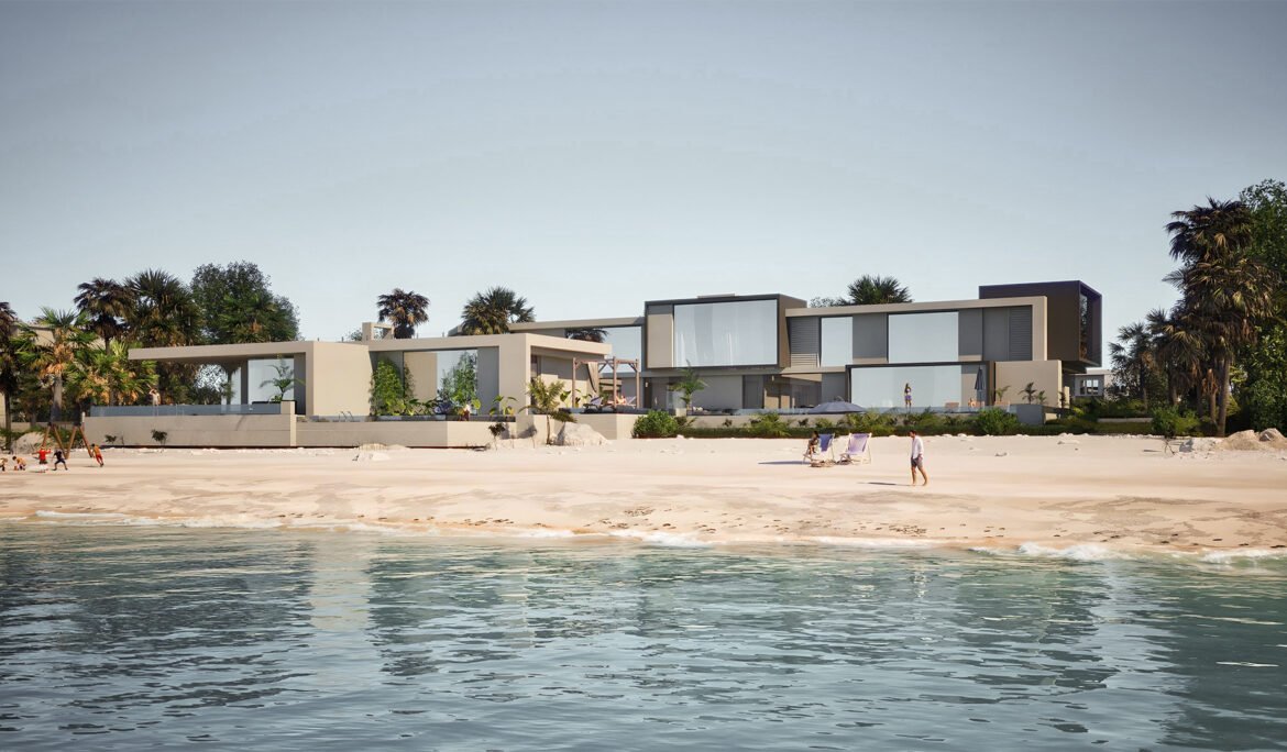 Modern beachfront villa 3D rendering with lush landscaping in Dubai