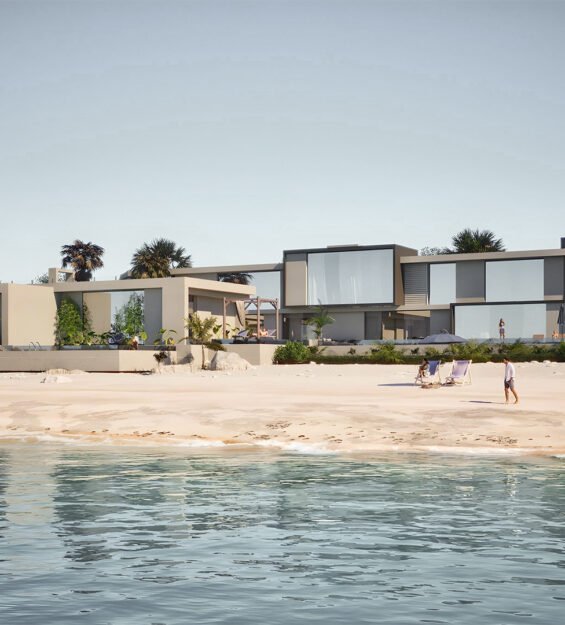 Modern beachfront villa 3D rendering with lush landscaping in Dubai