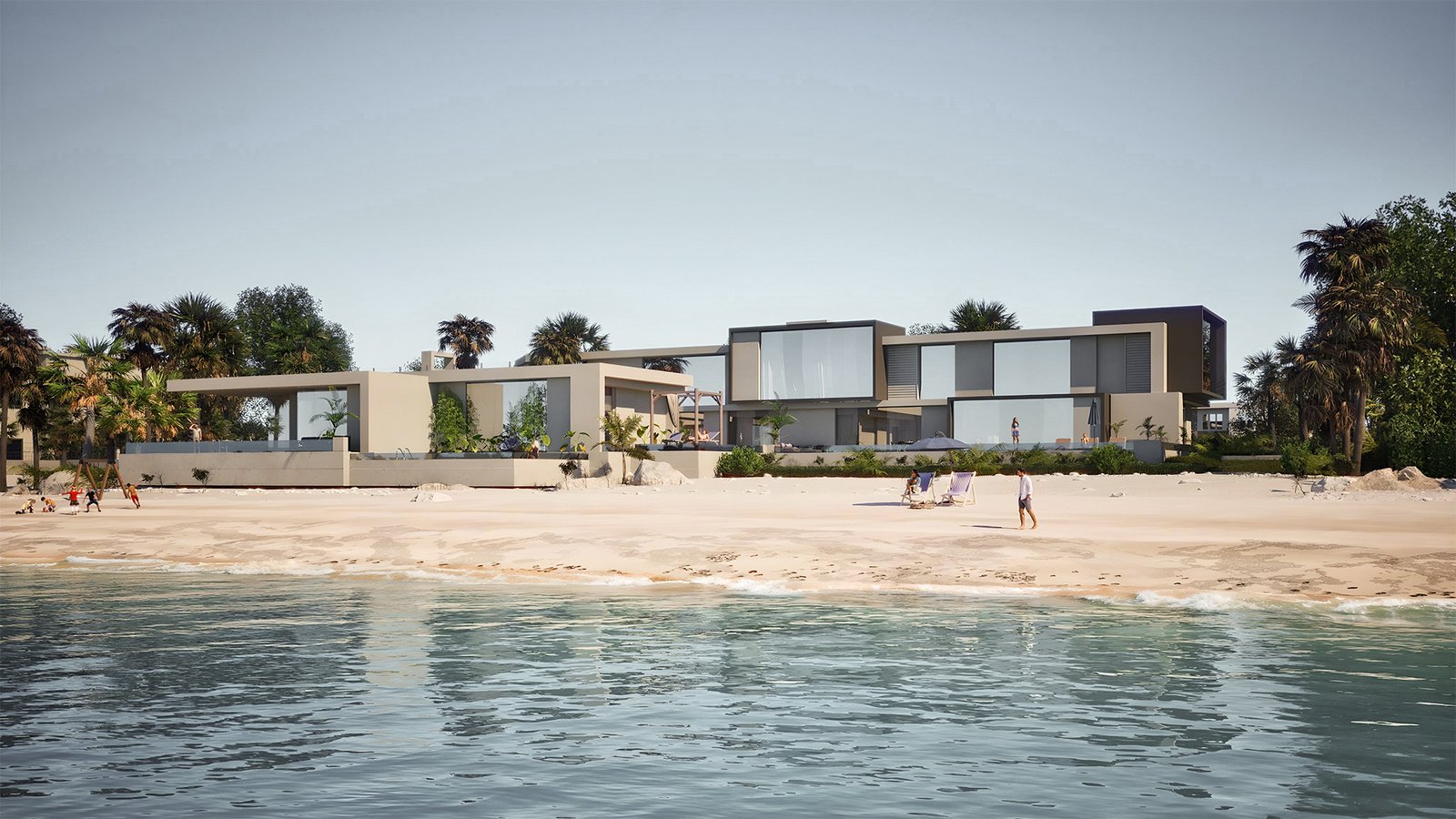 Modern beachfront villa 3D rendering with lush landscaping in Dubai