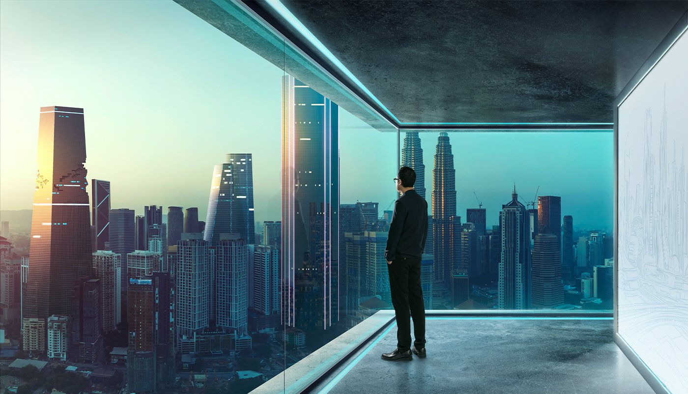 Futuristic 3D visualization of a man overlooking a modern city skyline from a high-rise glass room