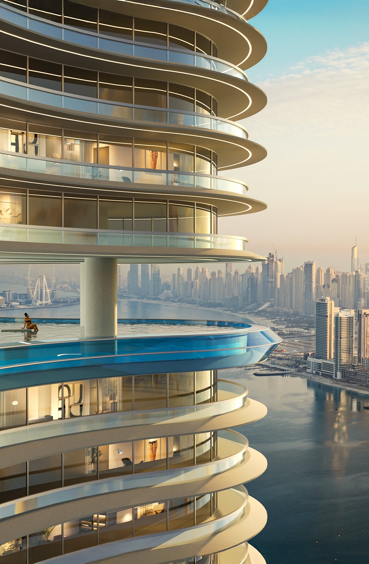 3D rendering of luxury residential building with landscaped terrace and Dubai skyline