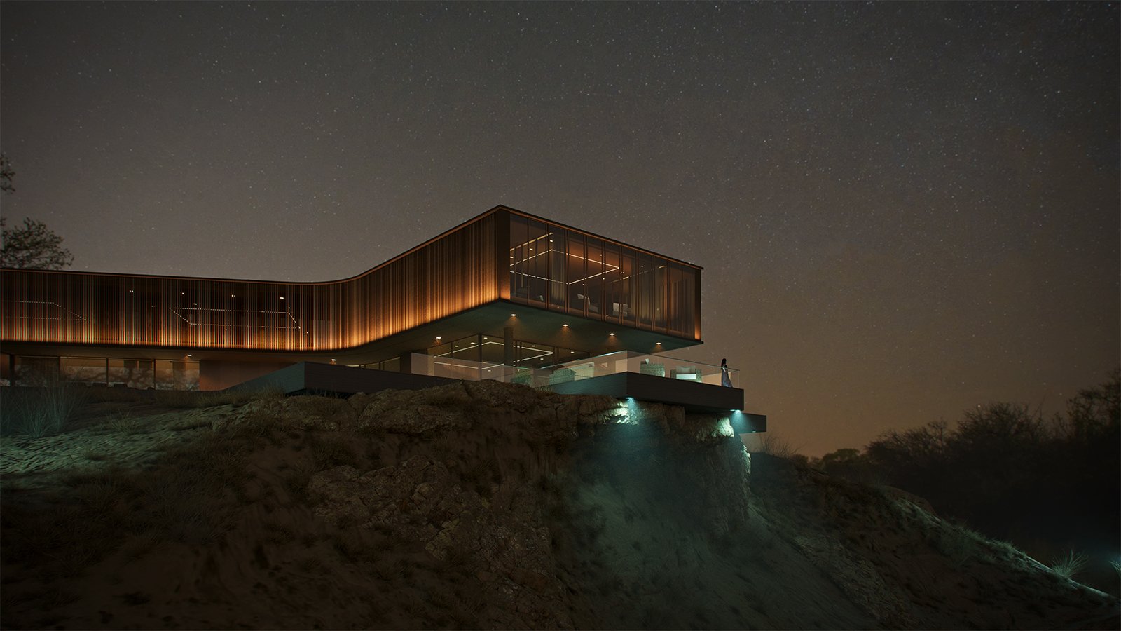 Night view of modern villa with elevated 3D landscape design in Dubai